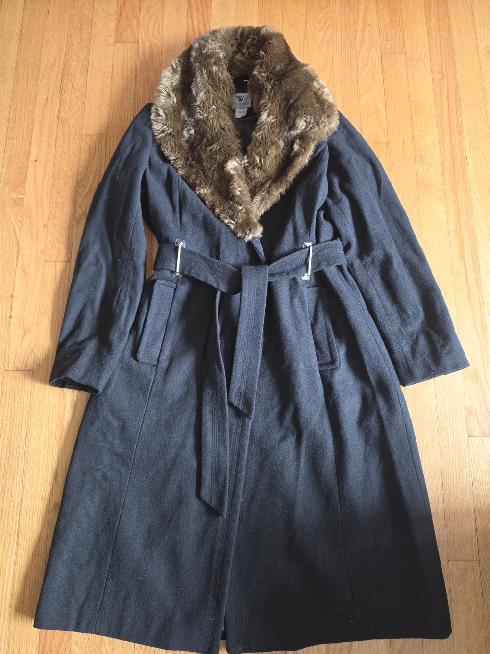 Worthington Wool Blend Faux Fur Collar Long Trench Coat Black Brown Sz Large